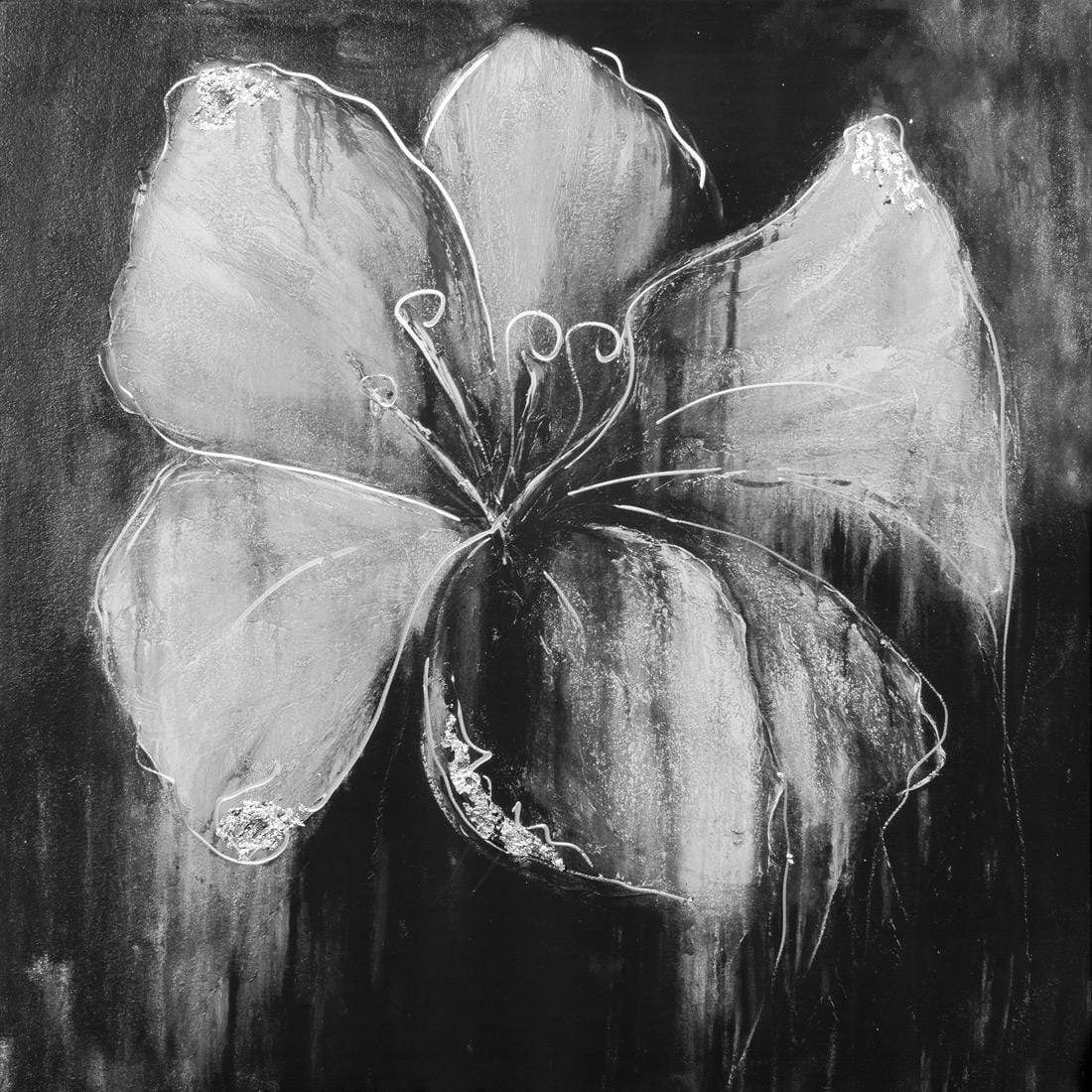 Abstract Flower, Black and White with Enhanced silver and silver leaf Canvas Art